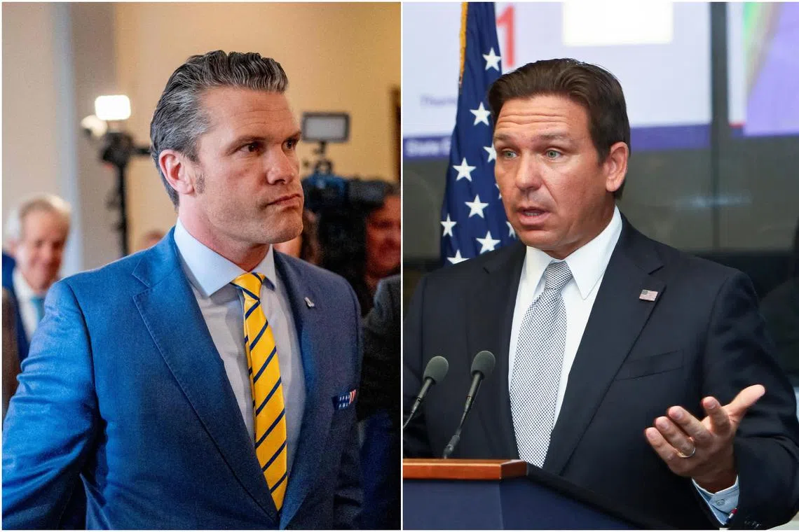 Donald Trump is considering dropping his nominee to lead the Pentagon, Mr Pete Hegseth (left) and nominating Florida Governor Ron DeSantis in his place.