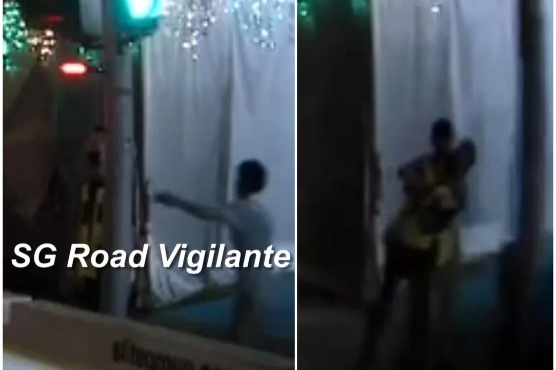 In dashcam footage, a man is seen walking up to an auxiliary police officer with what looks like a pointed object, before placing the officer in a chokehold.