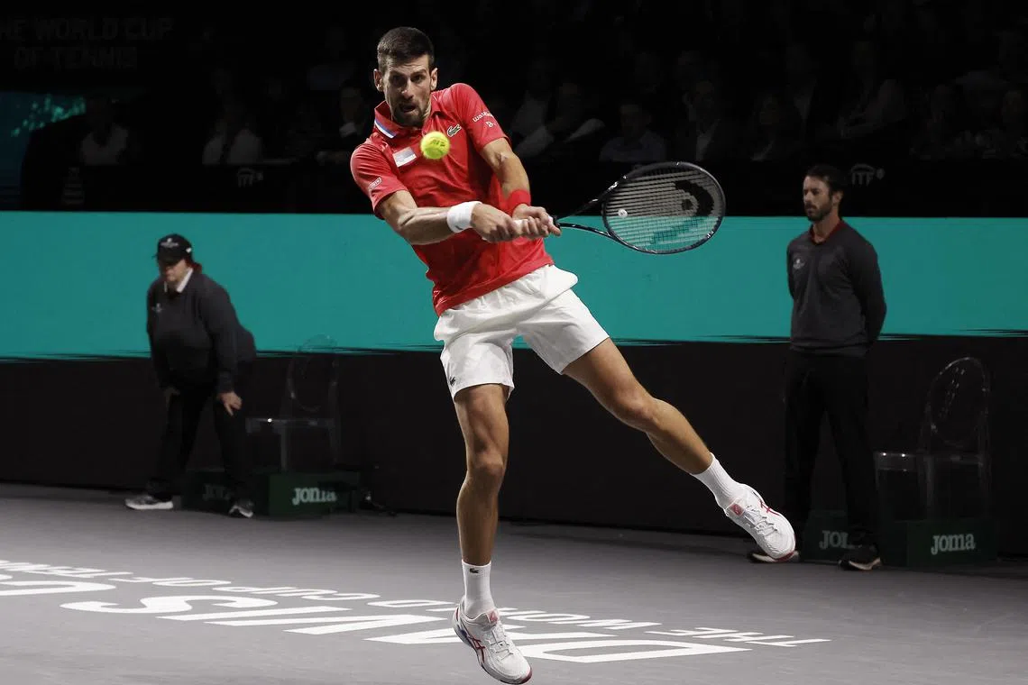 Tennis - Davis Cup - Finals - Serbia v Britain - Palacio de deportes Martin Carpena, Malaga, Spain - November 23, 2023
Serbia's Novak Djokovic in action during his match in the quarter final against Britain's Cameron Norrie REUTERS/Jon Nazca