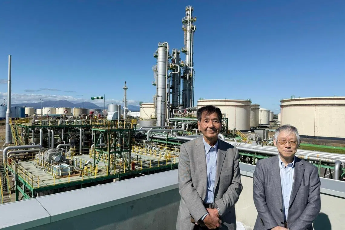 Mr Yoshihiro Sawada (left), corporate adviser and general manager for international affairs, and Mr Jiro Tanaka, associate general manager for international affairs, of Japan CCS Ltd, a carbon capture and storage demonstration facility in Tomakomai, Hokkaido.