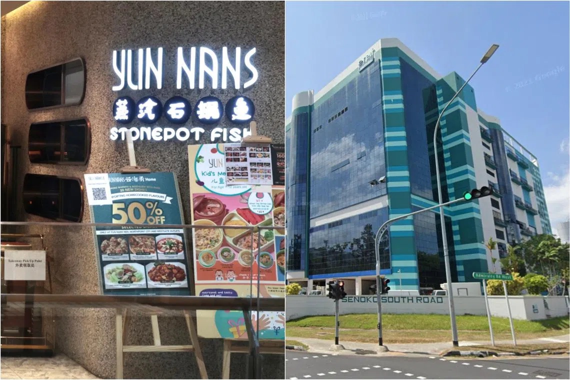 The businesses are Yun Hai Yao (left), located at 1 Northpoint Drive, and Pu Tien Services, located at 2 Senoko South Road.