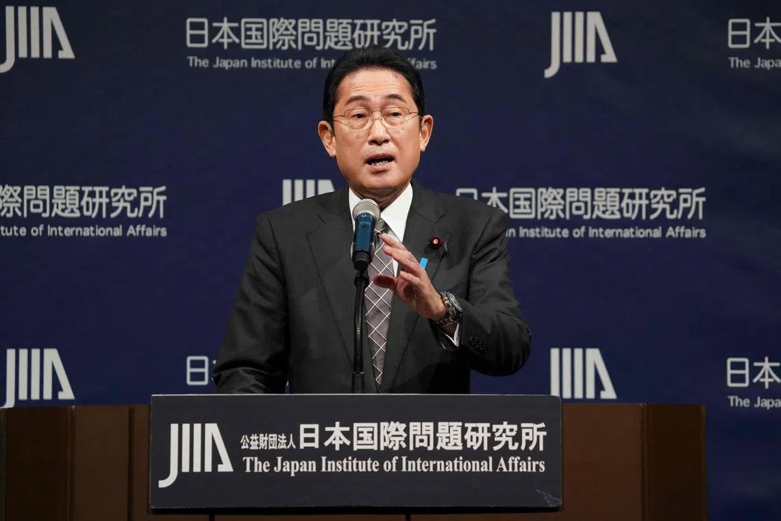 Japan's Prime Minister Fumio Kishida delivers a speech during the opening of the 4th Tokyo Global Dialogue in Tokyo on February 20, 2023. (Photo by Kazuhiro NOGI / AFP)