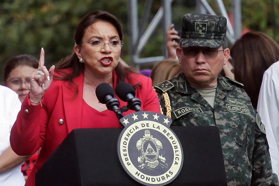 FILE PHOTO: Honduras President Xiomara Castro addresses supporters during a protest to demand the Congress' compliance with the Constitutional mandate to elect new authorities of the Public Prosecutor's Office, in Tegucigalpa, Honduras August 29, 2023. REUTERS/Fredy Rodriguez/File Photo