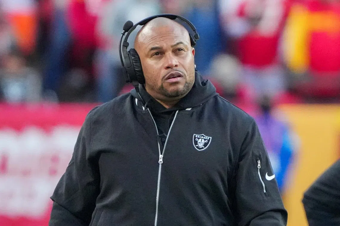 Nov 29, 2024; Kansas City, Missouri, USA; Las Vegas Raiders head coach Antonio Pierce watches play against the Kansas City Chiefs during the second half at GEHA Field at Arrowhead Stadium. Denny Medley-Imagn Images/File Photo