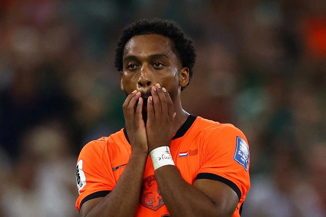 Netherlands’ Quinten Timber reacting after missing a penalty during the shootout against Morocco.