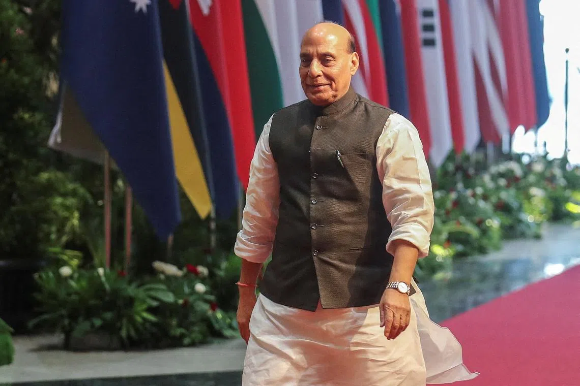 FILE PHOTO: India's Defense Minister Rajnath Singh arrives for the 10th Association of Southeast Asian Nations (ASEAN) Defense Ministers Meeting - Plus in Jakarta, Indonesia, November 16, 2023. BAGUS INDAHONO/Pool via REUTERS/File Photo
