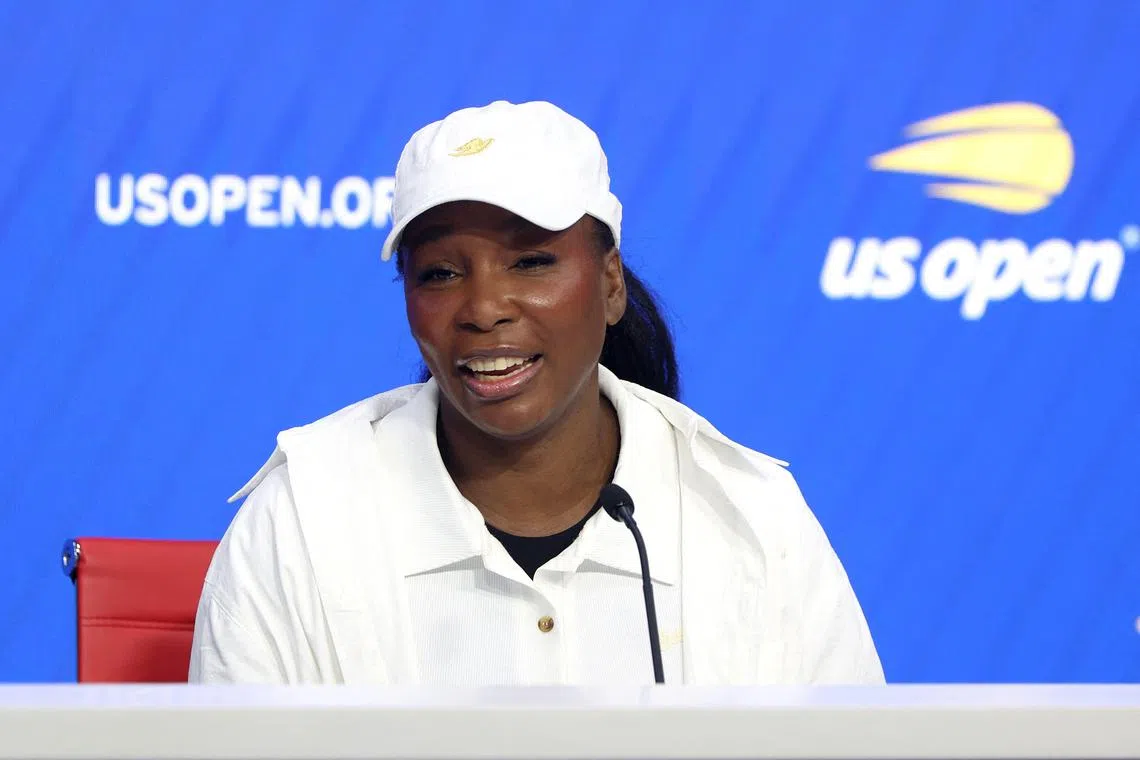 Venus Williams fielding questions during a press conference at USTA Billie Jean King National Tennis Centre on Aug 23, 2025, in New York City.