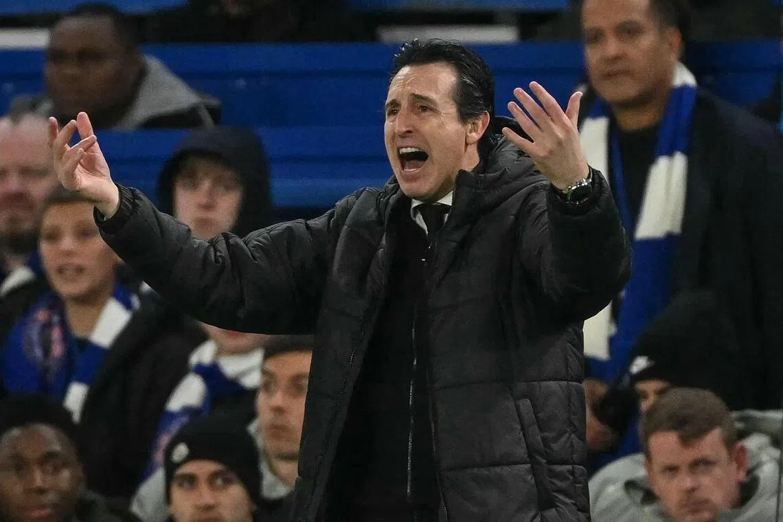 Aston Villa's Spanish manager Unai Emery reacting during the 2-1 English Premier League win over Chelsea at Stamford Bridge in London on Dec 27, 2025. 