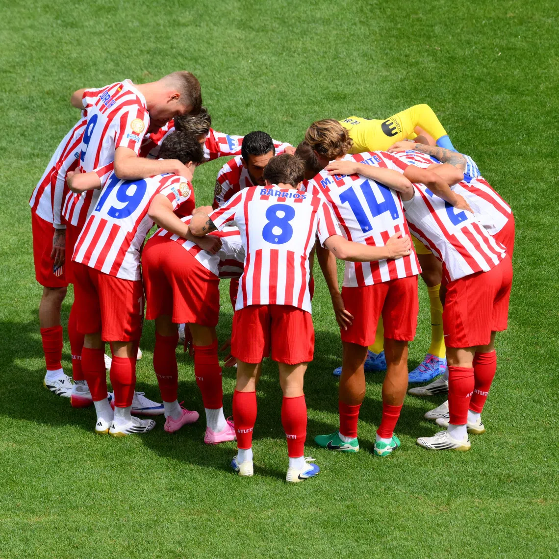 FILE PHOTO: Soccer Football - FIFA Club World Cup - Group B - Seattle Sounders v Atletico Madrid - Lumen Field, Seattle, Washington, U.S. - June 19, 2025  Atletico Madrid players huddle before the match IMAGN IMAGES via Reuters/Steven Bisig/File Photo