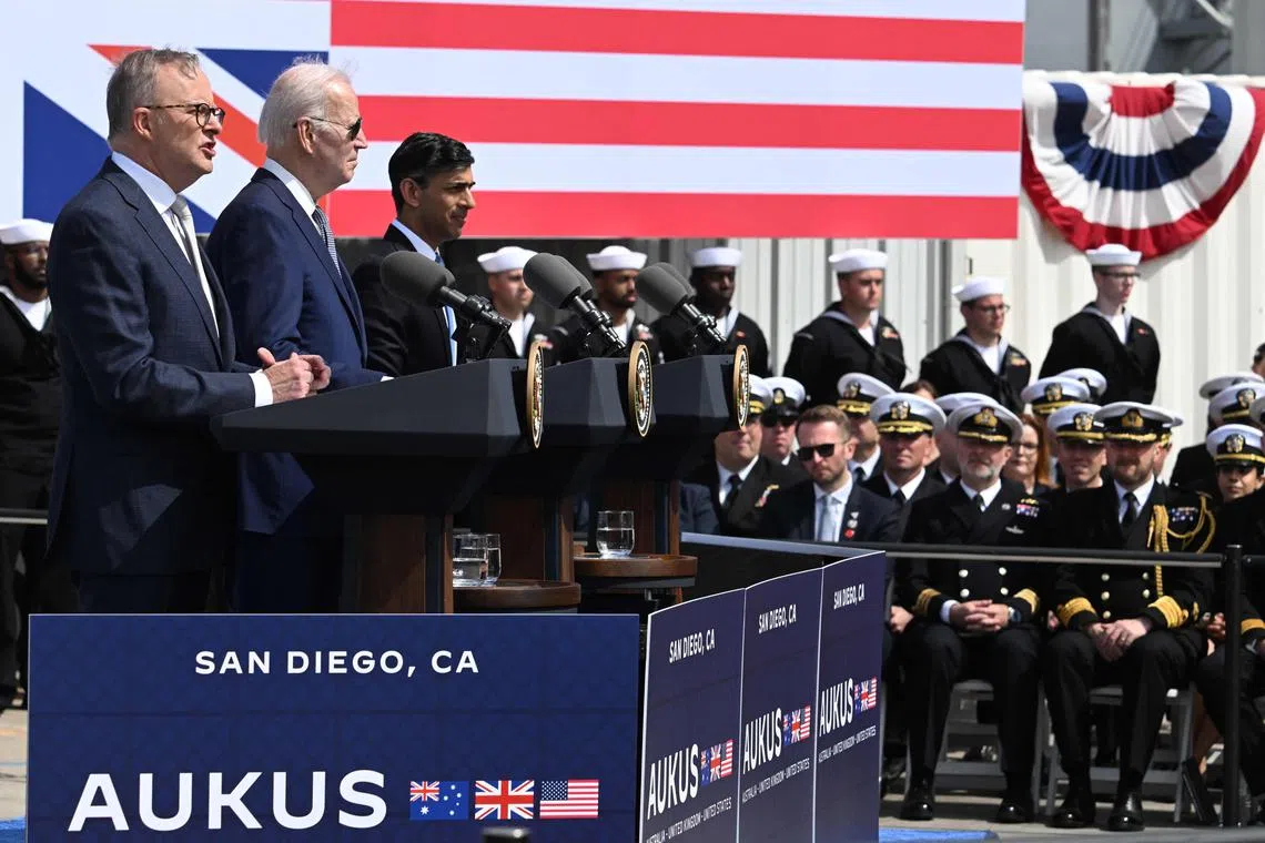 (From left) Australian Prime Minister Anthony Albanese, US President Joe Biden and British Prime Minister Rishi Sunak during the Aukus summit in California on March 13, 2023. 