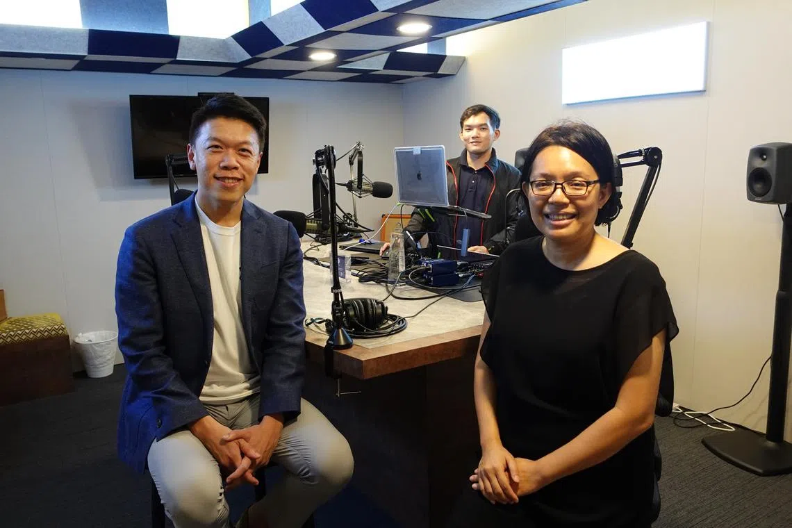 (Front row, from left) Mr Kevin Teng, CEO, WRISE Wealth Management Singapore, ST associate editor Lee Su Shyan, and (second row) ST podcast producer Teo Tong Kai, in the podcast studio.