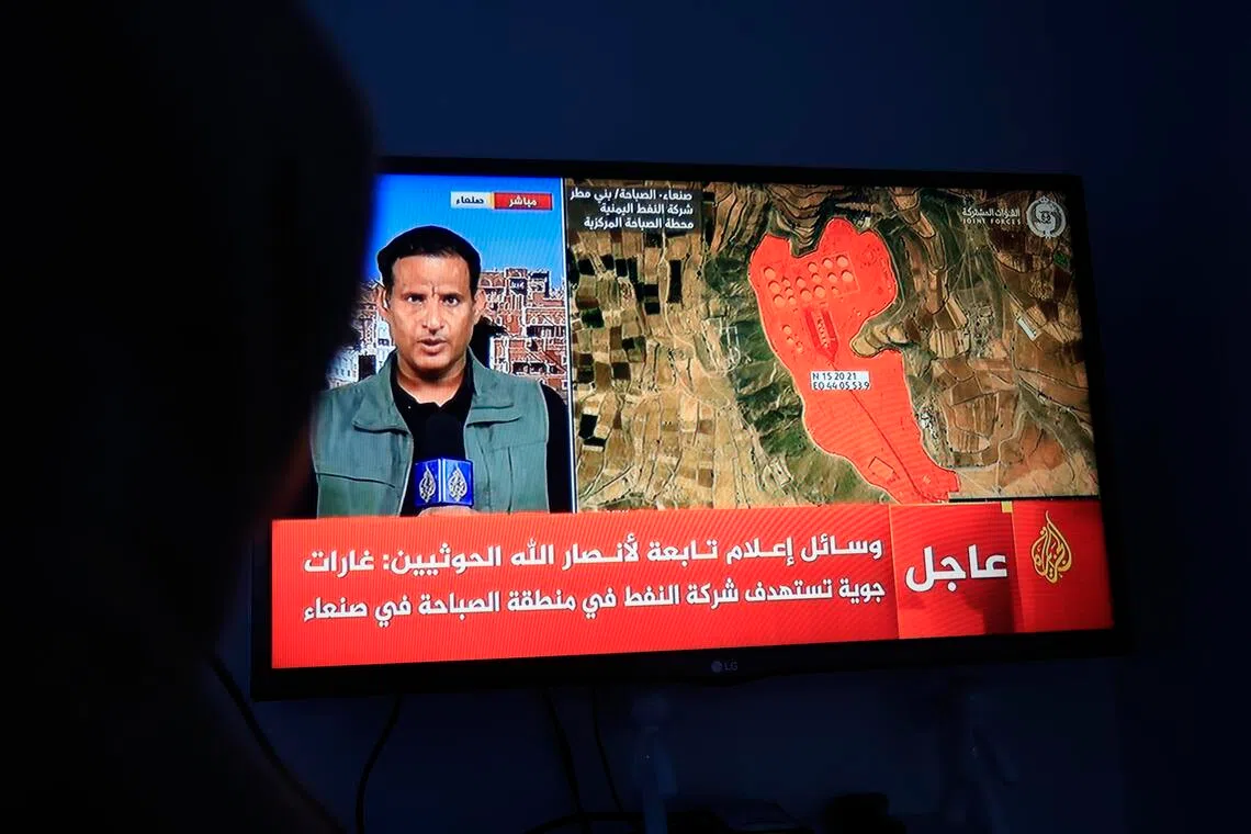 A TV broadcast showing the position of an oil storage facility in Sana’a, Yemen, on Oct 13.