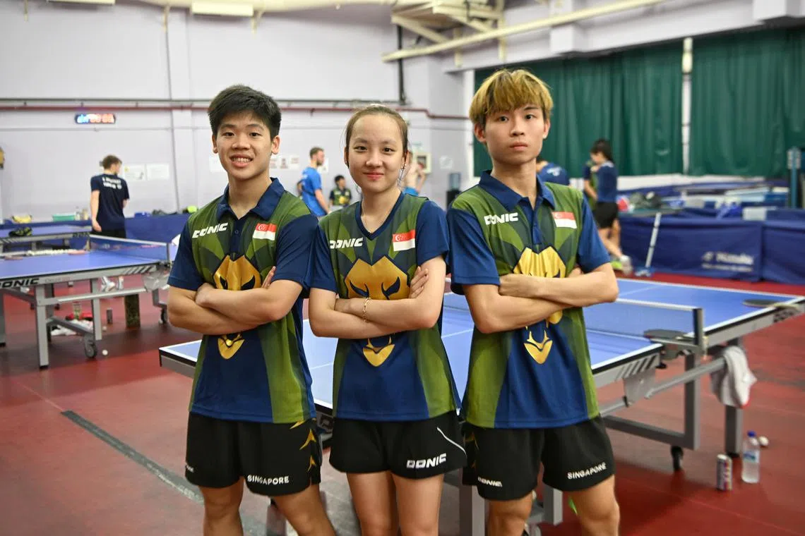 Singapore table tennis SEA Games debutants (from left) Izaac Quek, Ser Lin Qian and Beh Kun Ting


/Despite seeing her players post a spate of encouraging results recently, Singapore Table Tennis Association president Poh Li San has put up a modest target of two gold medals for the May 5-17 SEA Games in Cambodia.