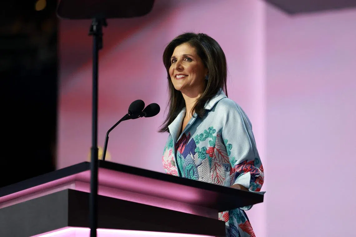 MILWAUKEE, WISCONSIN - JULY 16: Former U.N. Ambassador and Republican presidential candidate Nikki Haley speaks on stage on the second day of the Republican National Convention at the Fiserv Forum on July 16, 2024 in Milwaukee, Wisconsin. Delegates, politicians, and the Republican faithful are in Milwaukee for the annual convention, concluding with former President Donald Trump accepting his party's presidential nomination. The RNC takes place from July 15-18. Joe Raedle/Getty Images/AFP (Photo by JOE RAEDLE / GETTY IMAGES NORTH AMERICA / Getty Images via AFP)