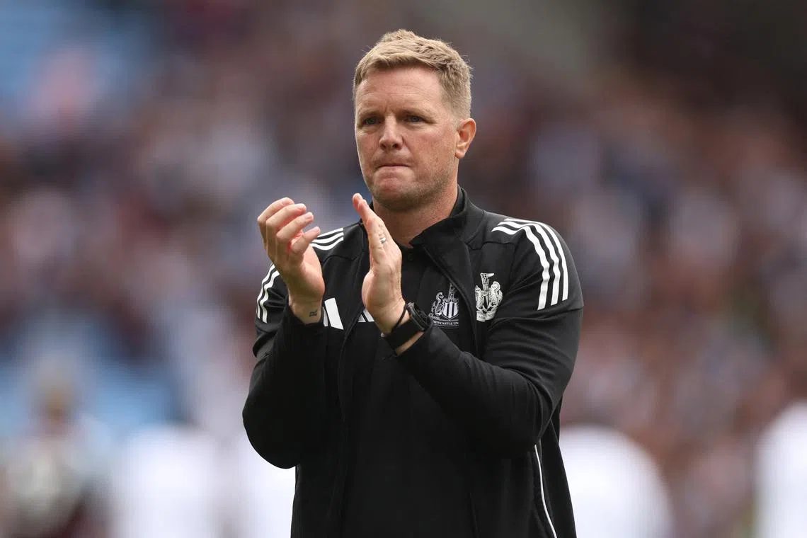FILE PHOTO: Soccer Football - Premier League - Aston Villa v Newcastle United - Villa Park, Birmingham, Britain - August 16, 2025 Newcastle United manager Eddie Howe reacts after the match REUTERS/David Klein/ File Photo