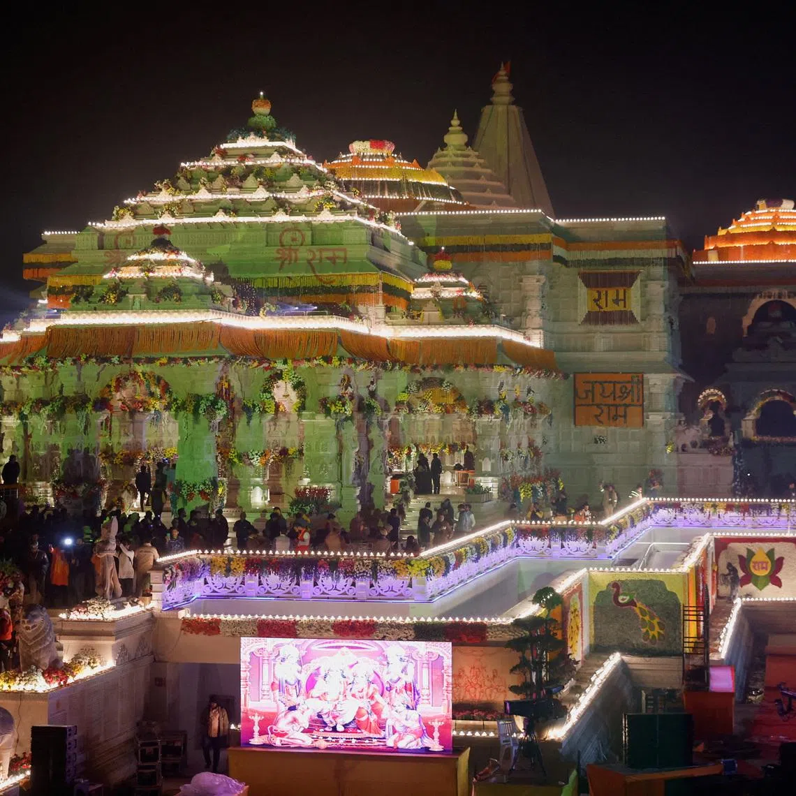 Hindu devotees gather near the Lord Ram temple after its inauguration, in Ayodhya, India, January 22, 2024. REUTERS/Adnan Abidi