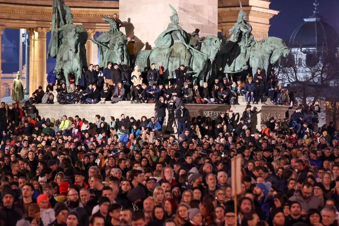 People take a part in a demonstration after the resignation of the country's President Katalin Novak and former Justice Minister Judit Varga in Budapest, Hungary, February 16, 2024. REUTERS/Bernadett Szabo