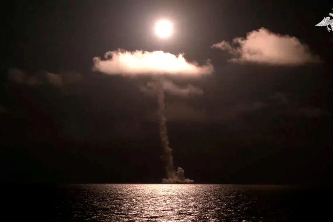 Russia's new nuclear-powered submarine Imperator Alexander III test launches the Bulava ballistic missile, designed to carry nuclear warheads, from the White Sea, in this screengrab taken from a video released on November 5, 2023. Russian Defence Ministry/Handout via REUTERS