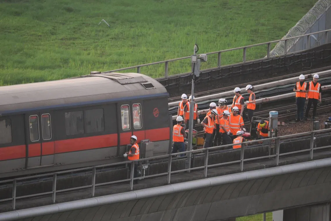 Work being done on the affected train and train track right outside Ulu Pandan Depot at around 6.30pm on September 25, 2025.