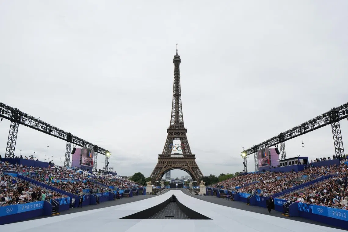 Jul 26, 2024; Paris, FRANCE;  General view from inside the Trocadero during the Opening Ceremony for the Paris 2024 Olympic Summer Games along the Seine River. Rob Schumacher-USA TODAY Sports