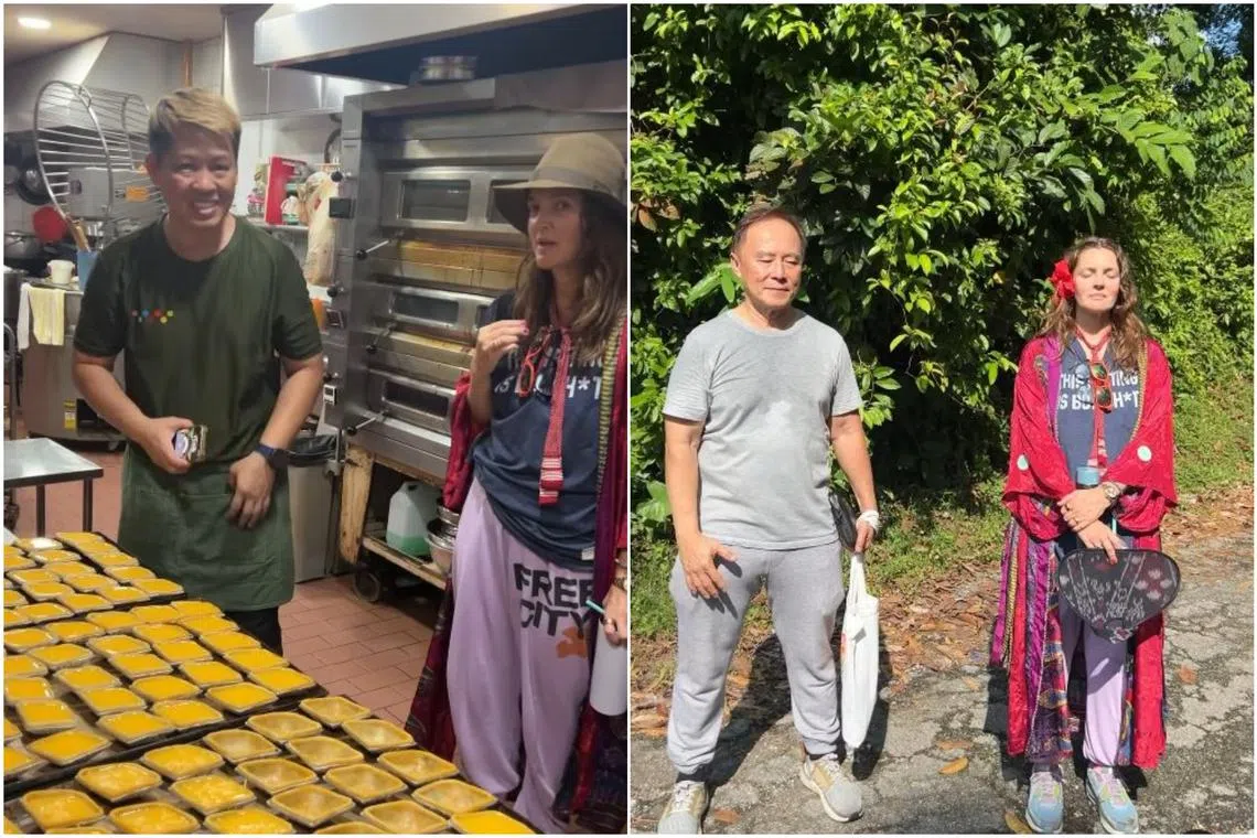 Drew Barrymore at famed local Cantonese pastry shop Tong Heng, and at a qi gong and meditation practice during her visit to Singapore.
