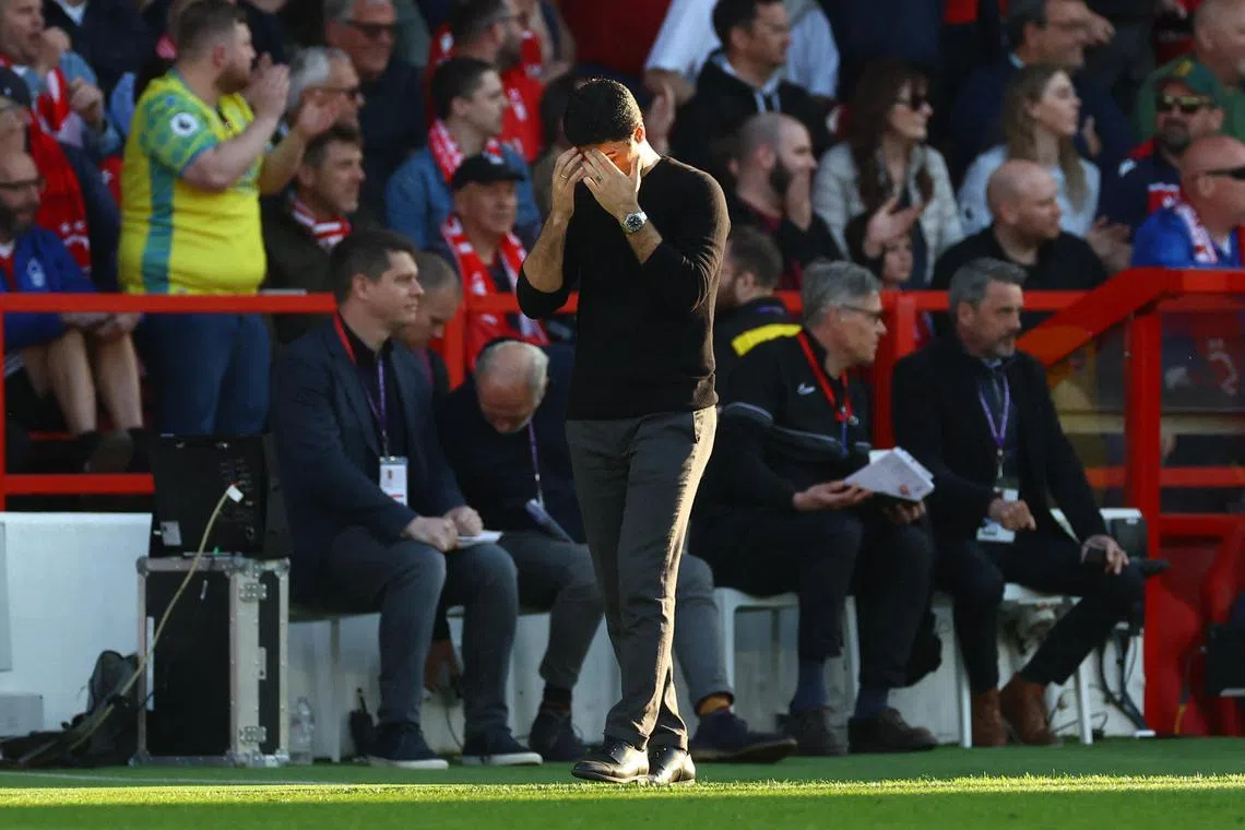 Arsenal manager Mikel Arteta looking dejected during the 1-0 loss to Nottingham Forest.
