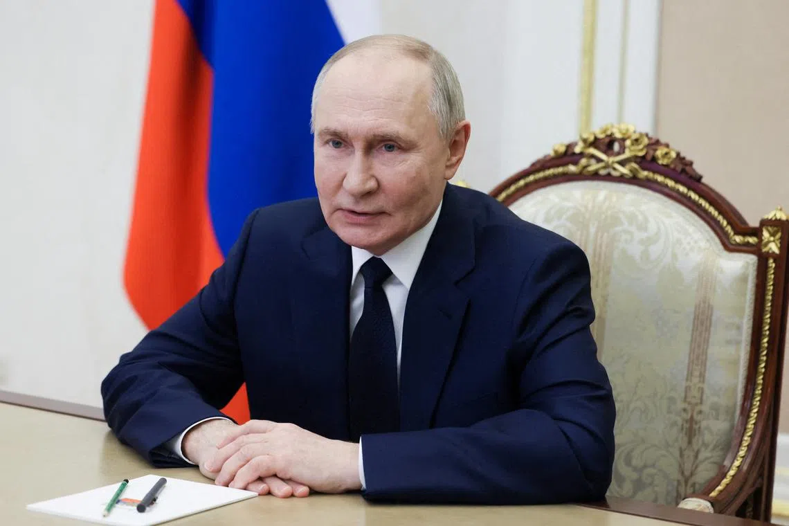 FILE PHOTO: Russian President Vladimir Putin chairs a meeting with members of the Security Council via video link at the Kremlin in Moscow, Russia March 7, 2025. Sputnik/Mikhail Metzel/Pool via REUTERS/ File Photo