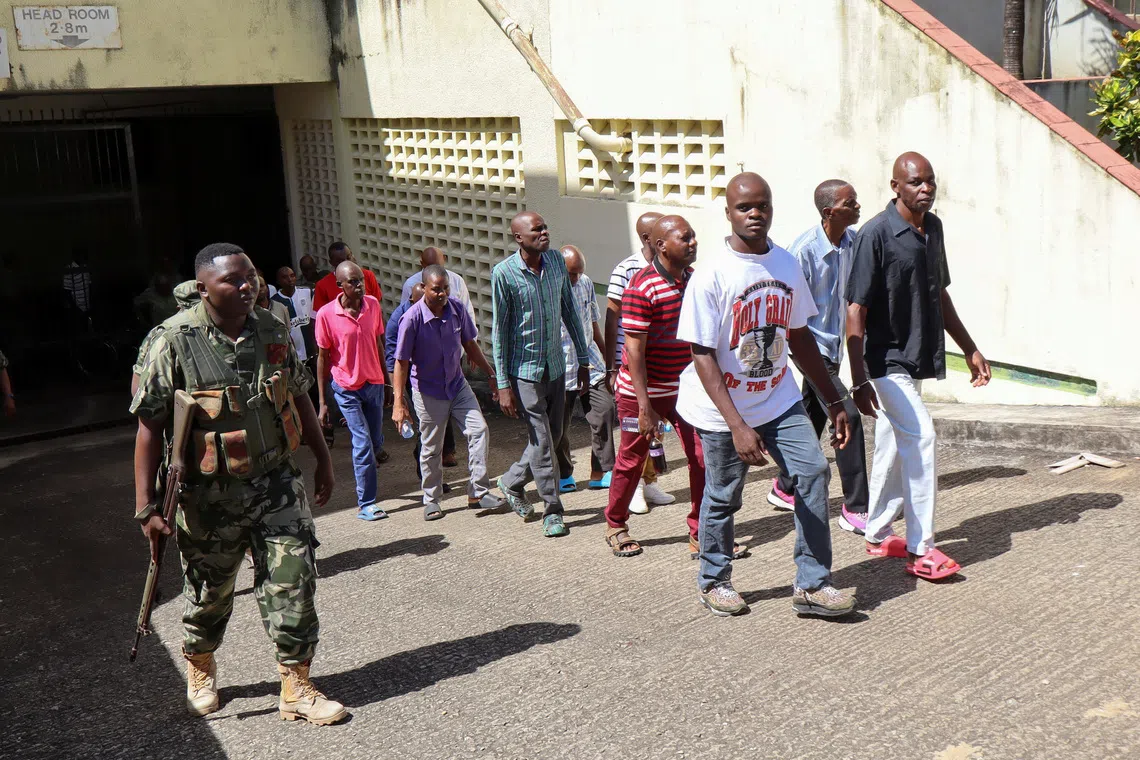 Paul Mackenzie and his co-accused, arrive for their judgement at the Mombasa High Court, Kenya.