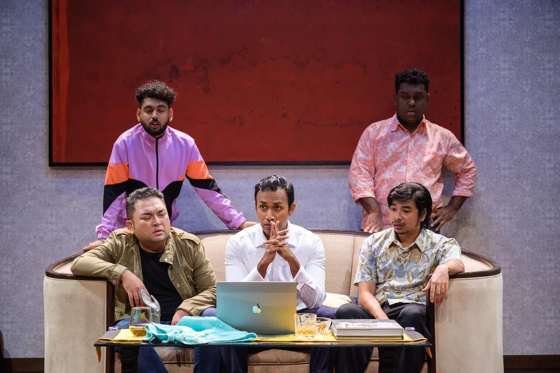 Five longtime friends, played by (seated from left) Adib Kosnan, Gosteloa Spancer, Shahid Nasheer, (standing from left) Krish Natarajan and Ebi Shankara, meet, squabble and get drunk in Myle Yan Tay's Brown Boys Don't Tell Jokes. 
