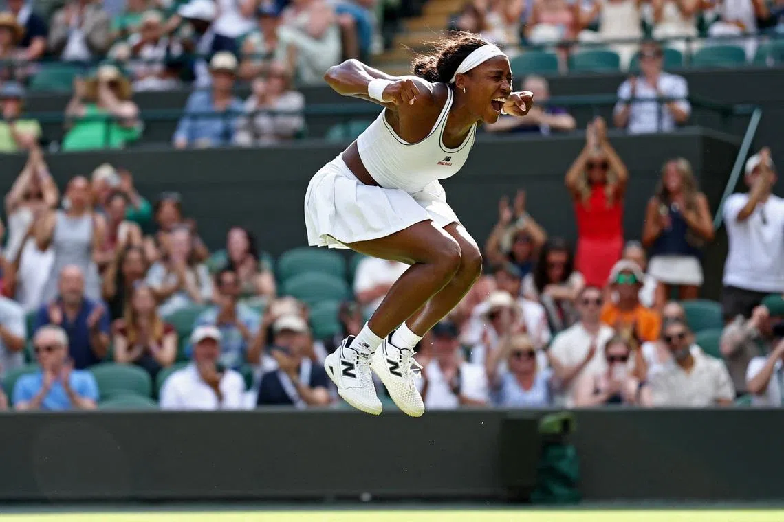 Tennis - Wimbledon - All England Lawn Tennis and Croquet Club, London, Britain - July 1, 2026 Coco Gauff of the U.S. celebrates winning her second round match against Argentina's Solana Sierra REUTERS/Toby Melville