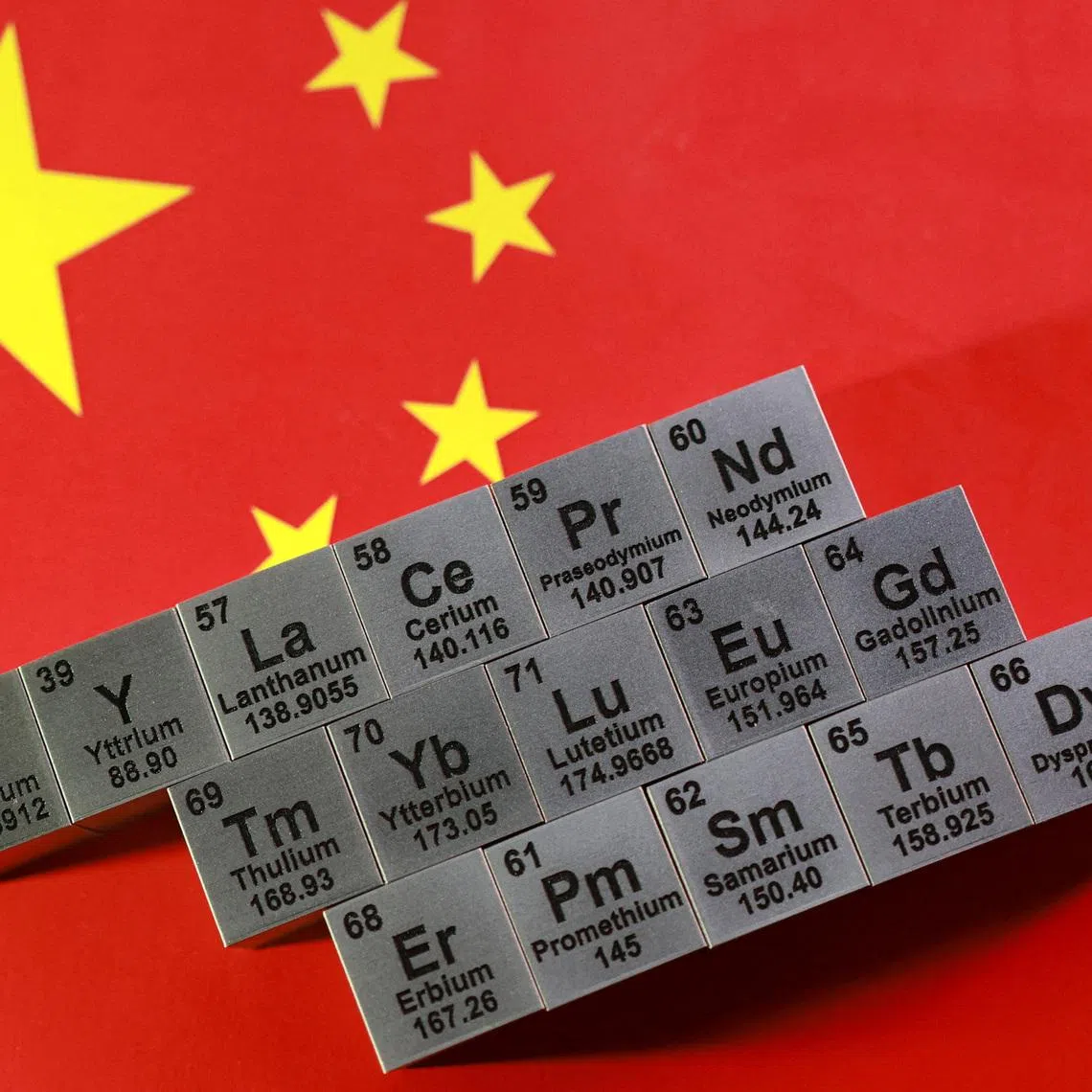 Blocks with symbols and atomic numbers of rare earth elements. China mines around 70 per cent of the world’s rare earths and refines about 90 per cent of them.