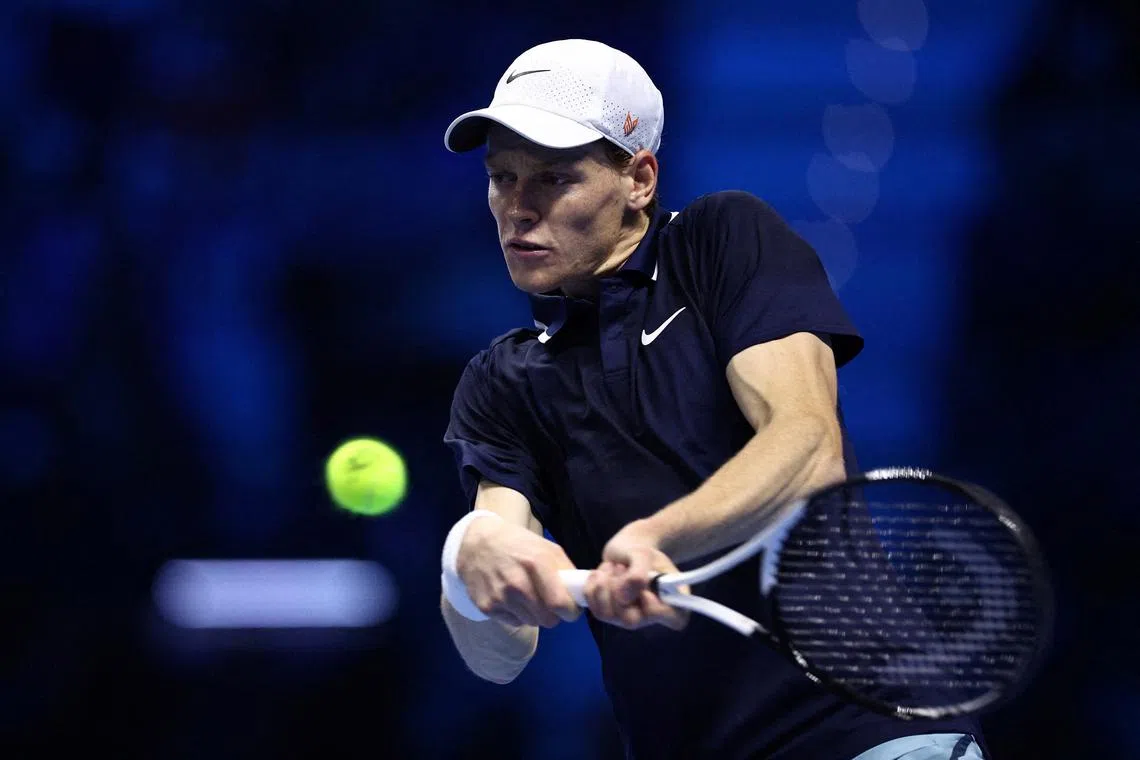 FILE PHOTO: Tennis - ATP Finals - Inalpi Arena, Turin, Italy - November 16, 2024  Italy's Jannik Sinner in action during his semi final match against Norway's Casper Ruud REUTERS/Guglielmo Mangiapane/File Photo