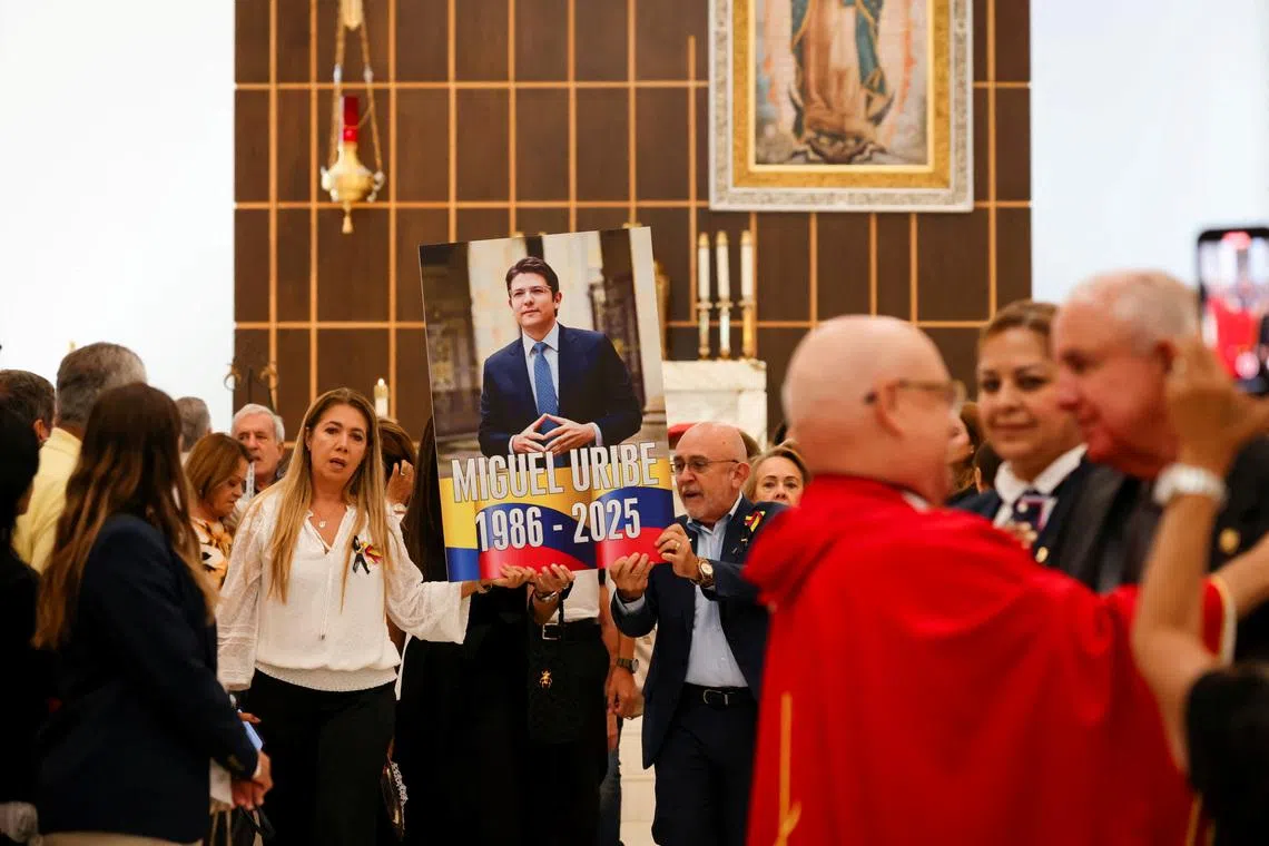 People attend a Memorial Mass in remembrance of Colombian politician Miguel Uribe, in Miami, Florida, U.S., August 14, 2025.   REUTERS/Eva Marie Uzcategui