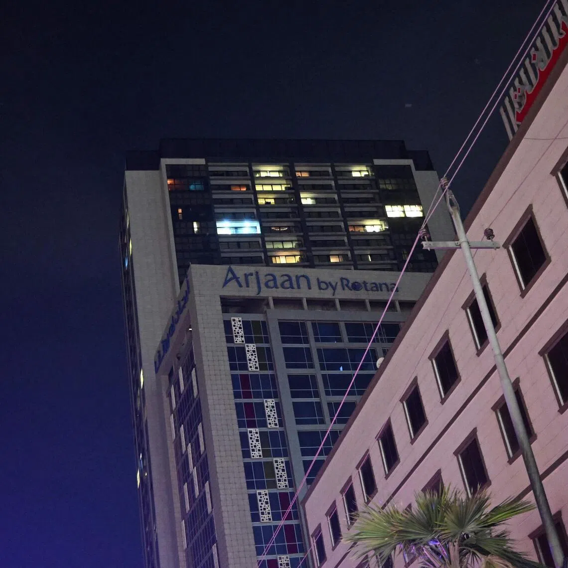 A view of the Erbil Arjaan by Rotana hotel, in Erbil, the capital of Iraq's autonomous Kurdistan region on March 6, 2026. The US-led coalition in Iraq intercepted explosive-laden drones over the Kurdish city of Erbil where debris fell near a hotel, Kurdish security forces said.