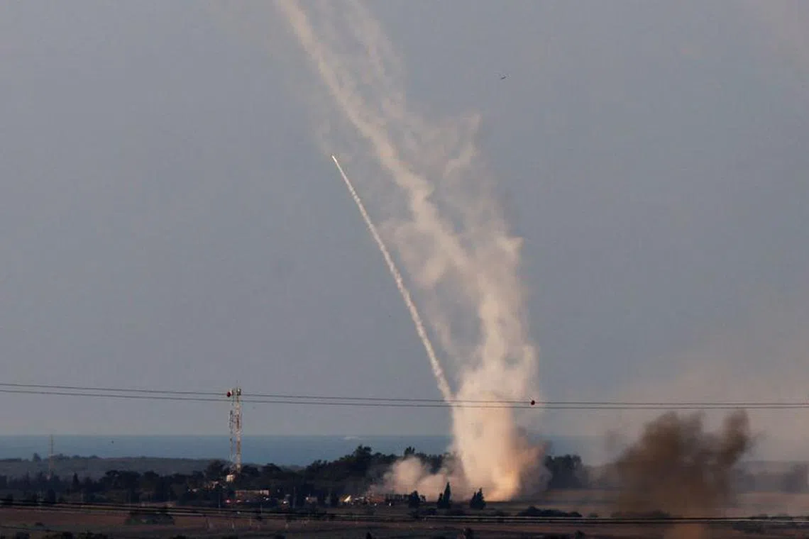 Israel's Iron Dome anti-missile system launches defensive rockets to intercept rockets launched from the Gaza Strip towards Israel, as seen from near Sderot in southern Israel, October 10, 2023. REUTERS/Amir Cohen