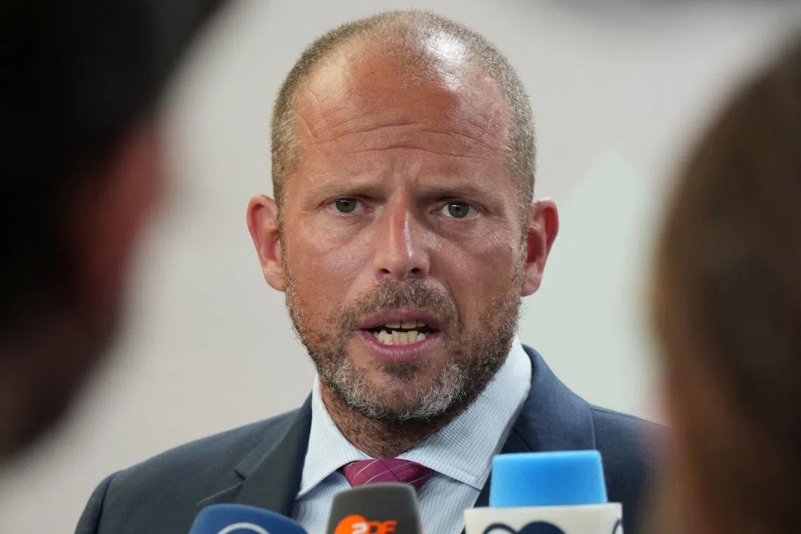 Belgian Defence Minister Theo Francken speaks to journalists as he arrives to an informal meeting of European Union defence ministers in Copenhagen, Denmark, August 29, 2025. REUTERS/Tom Little
