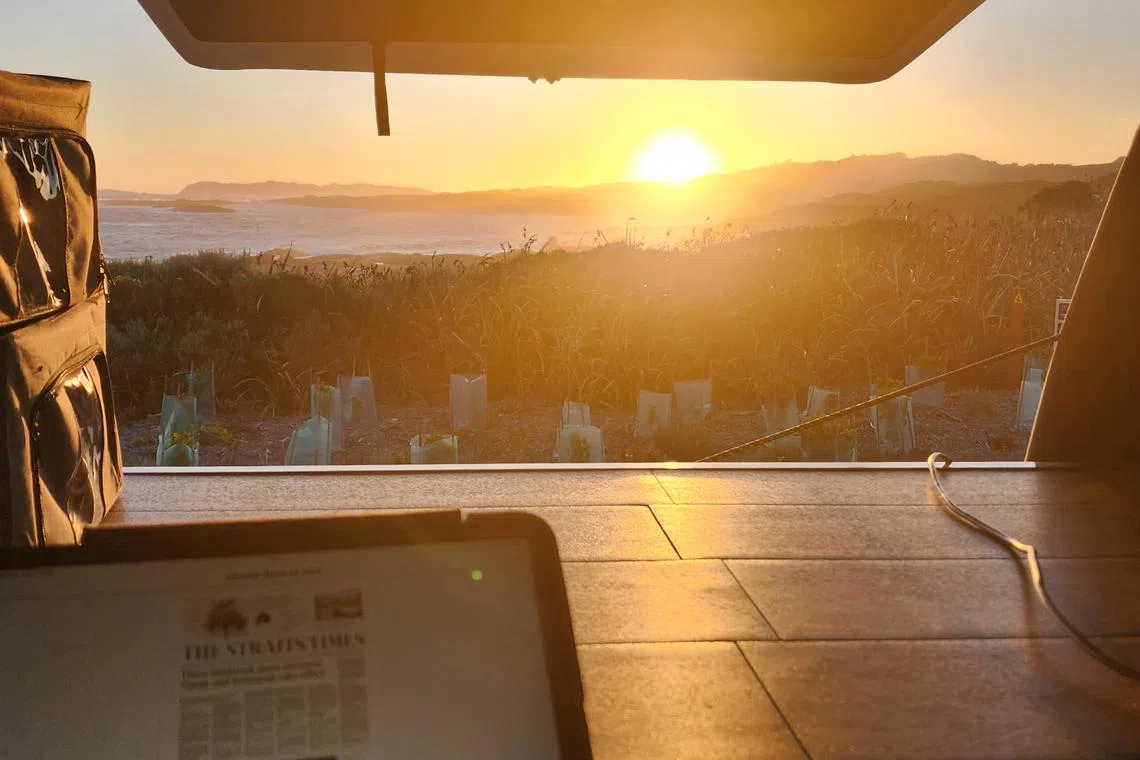 The writer catching up with the news from her campervan in Australia. One of her dreams is to take the campervan for a solo camping trip.