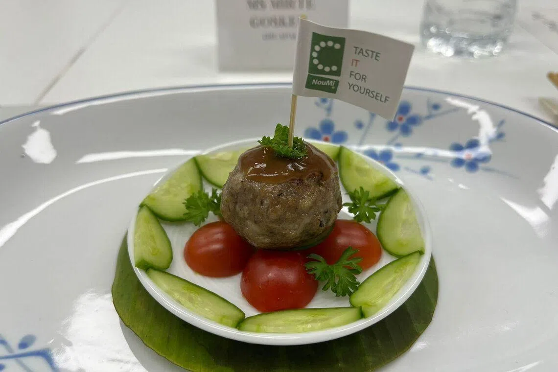 A hybrid meatball featuring Ants Innovate’s NouMi vegan base and cultivated pork Cell Essence.