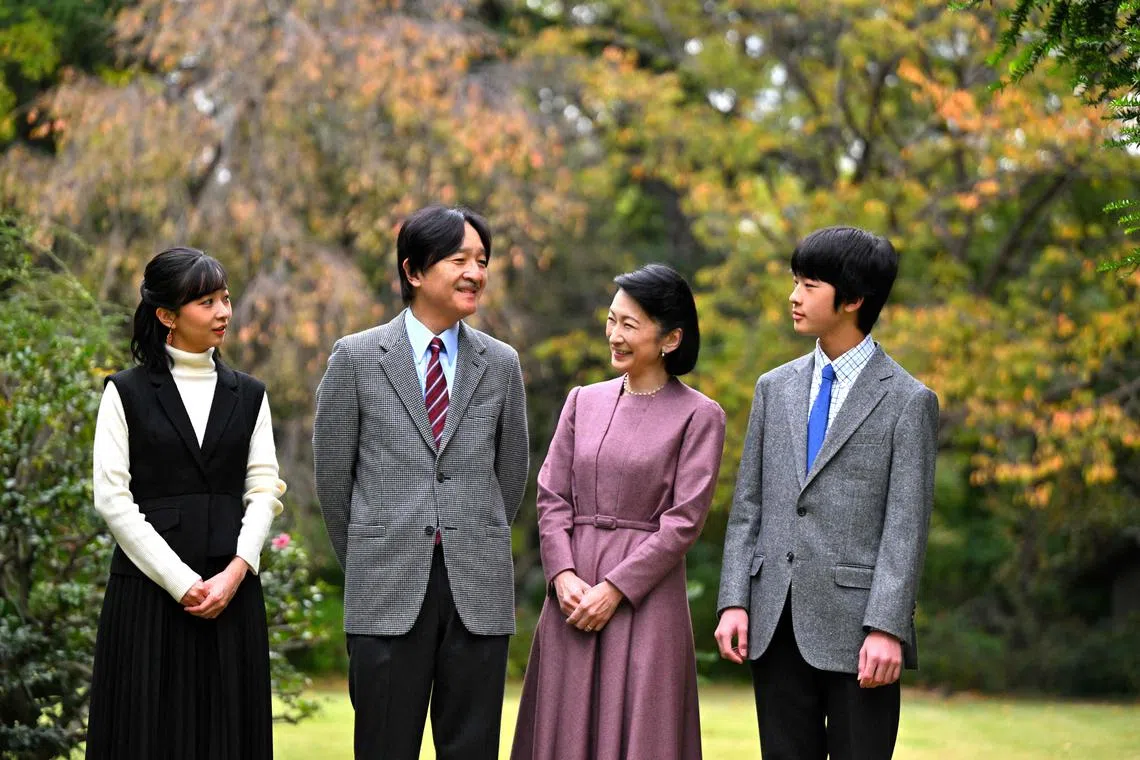 (FILES) This file handout photo taken on November 18, 2023 and released by the Imperial Household Agency of Japan on November 30, 2023 shows Japan's Crown Prince Akishino (2nd L) and Crown Princess Kiko (2nd R) posing with their son and daughter, Prince Hisahito (R) and Princess Kako, at the Akasaka imperial property residence in Tokyo ahead of Akishino's 58th birthday. Japanese lawmakers kicked off discussions on May 17, 2024 about possible relaxations to the imperial family's strict succession rules, although women will likely remain barred from the Chrysanthemum Throne. (Photo by Handout / IMPERIAL HOUSEHOLD AGENCY OF JAPAN / AFP) / ----EDITORS NOTE --- RESTRICTED TO EDITORIAL USE - MANDATORY CREDIT "AFP PHOTO /IMPERIAL HOUSEHOLD AGENCY " - NO MARKETING - NO ADVERTISING CAMPAIGNS - DISTRIBUTED AS A SERVICE TO CLIENTS - NO CROPPING