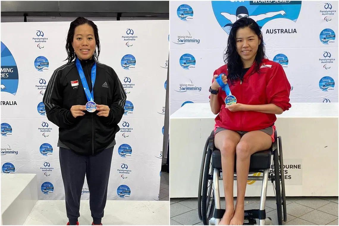 Danielle Moi (left) with her bronze medal and Yip Pin Xiu with her gold medal at the Citi World Para Swimming World Series 2023.