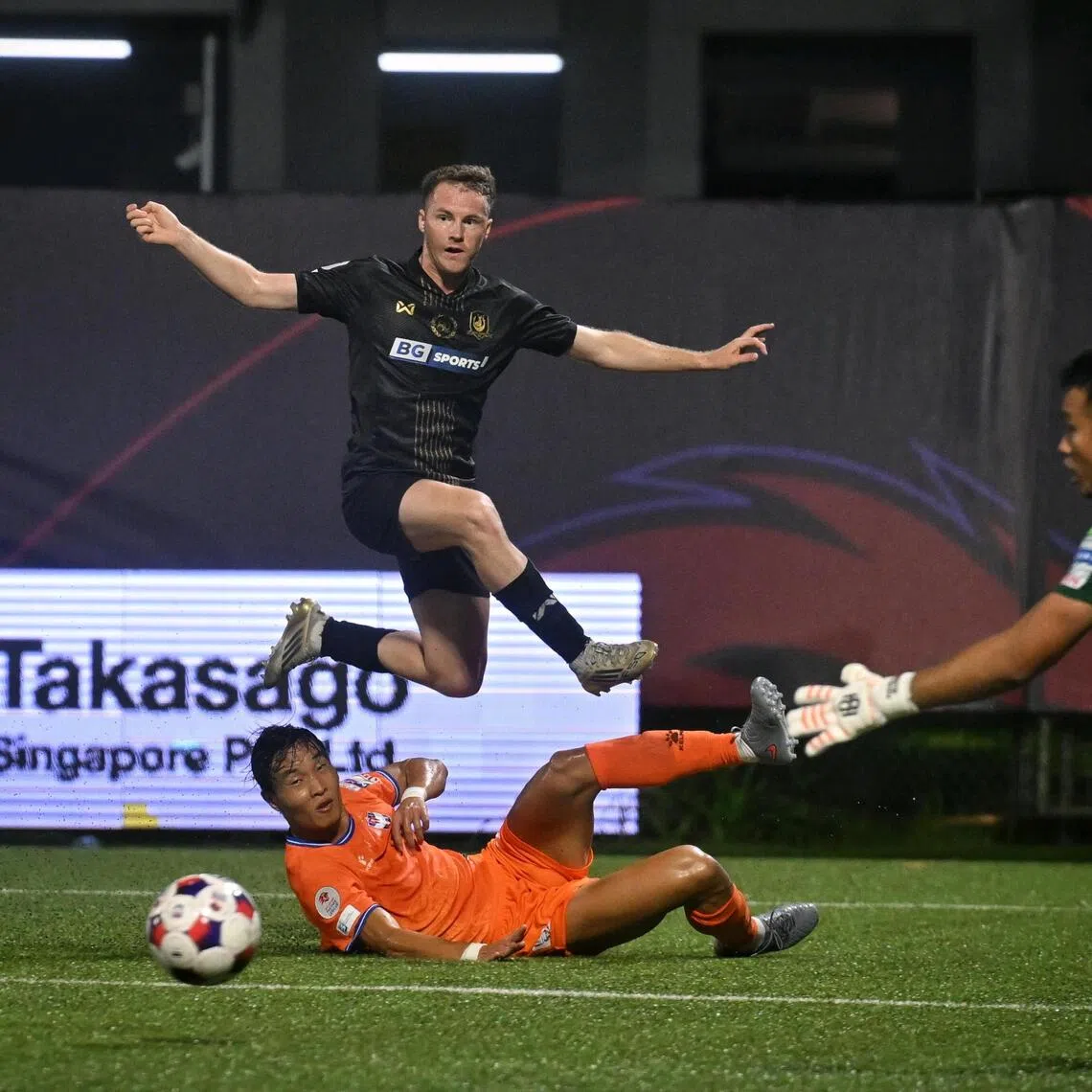BG Tampines Rovers winger Trent Anthony Buhagiar (in black) putting the ball into the box during the Stags' 4-0 win over Albirex Niigata in the Singapore Cup on Dec 14, 2025.