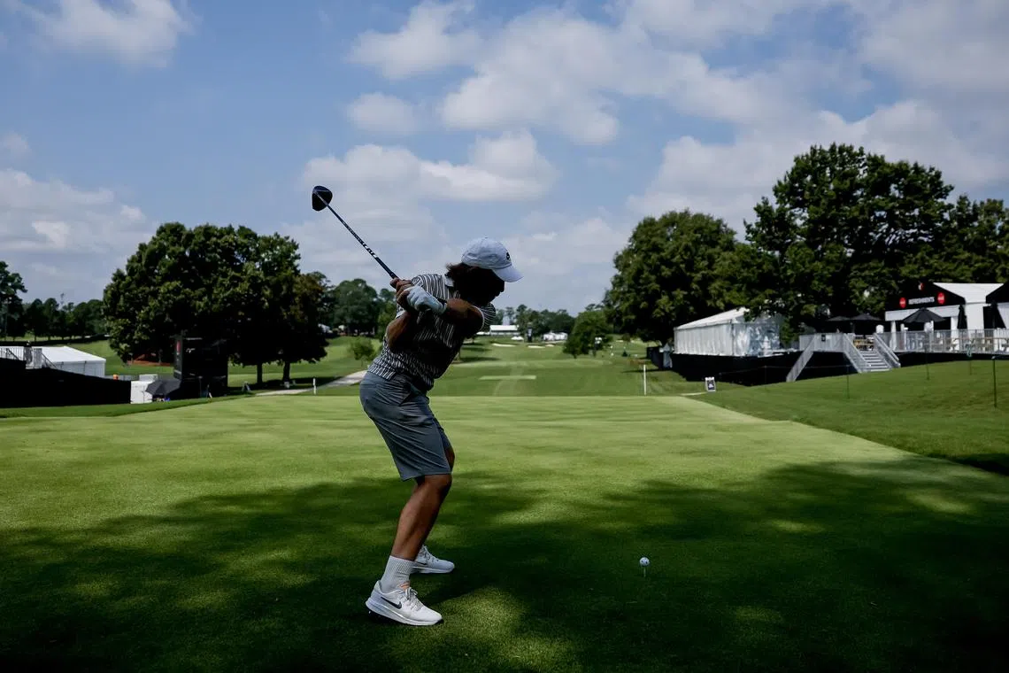 Tommy Fleetwood of England tees the 10th hole during a practice round for the 2025 Tour Championship.