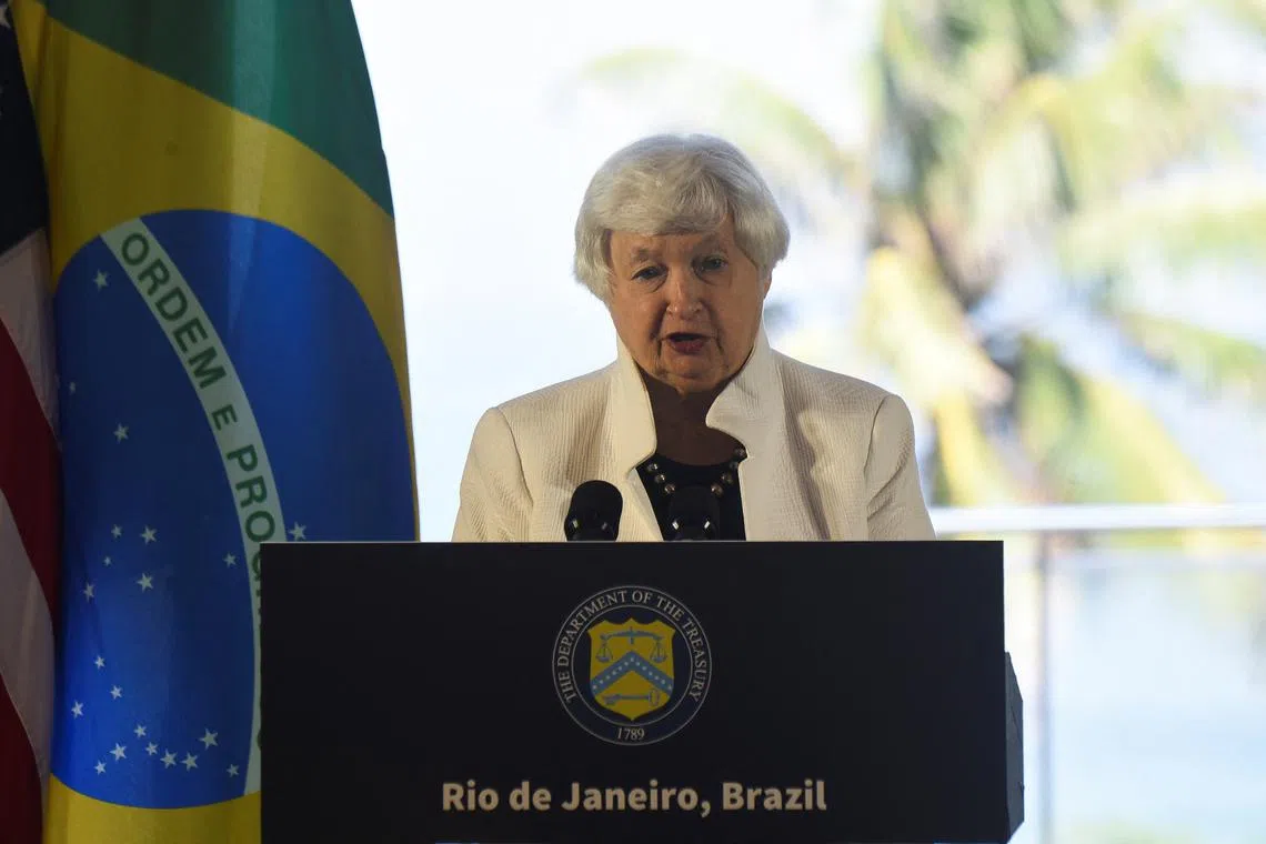 FILE PHOTO: U.S. Treasury Secretary Janet Yellen speaks during a G20 event in Barra da Tijuca, Rio de Janeiro, Brazil, on July 25, 2024. REUTERS/Tita Barros/File Photo