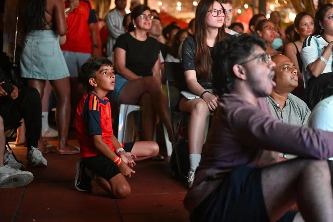 Spanish fans reacts to the match during the live screening of the FIFA World Cup 2026 final between Argentina and Spain at CHIJMES on July 20, 2026. ST PHOTO: AZMI ATHNI