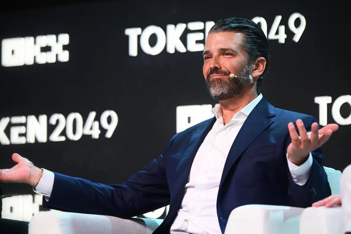 Mr Donald Trump Jr speaking at a panel session at the annual Token2049 crypto event held at Marina Bay Sands on Oct 1.