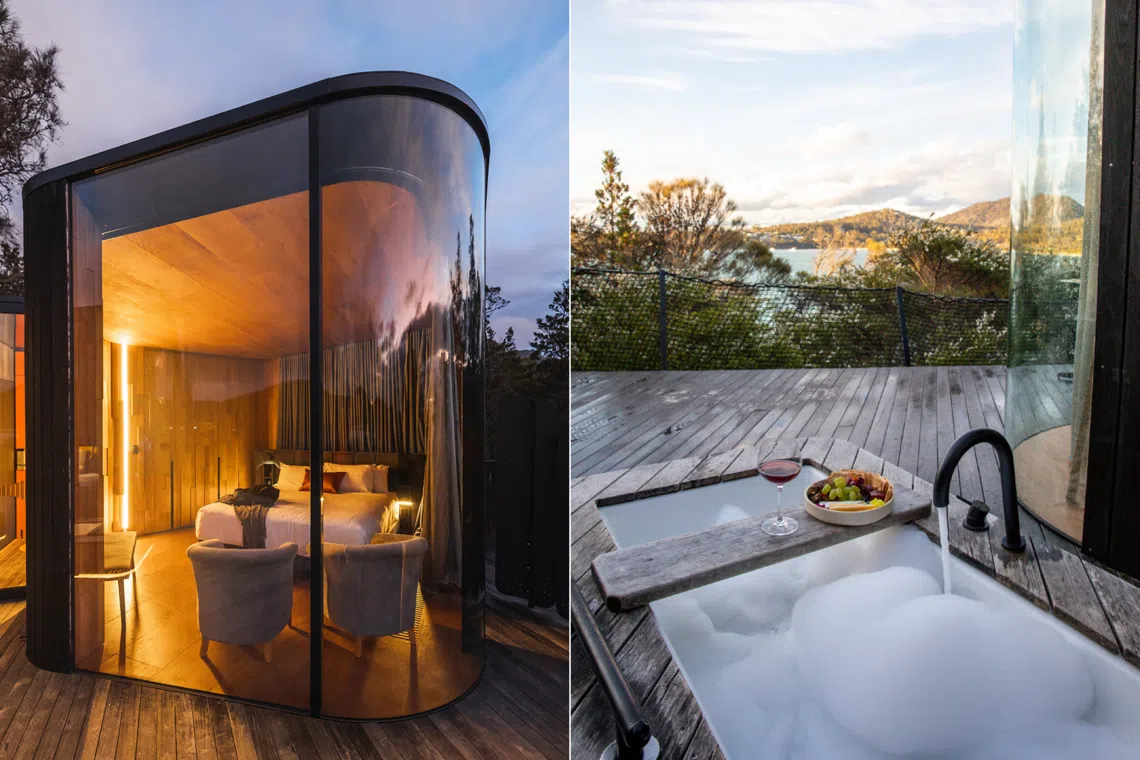 Freycinet Lodge where curved glass pavilions and outdoor tubs
