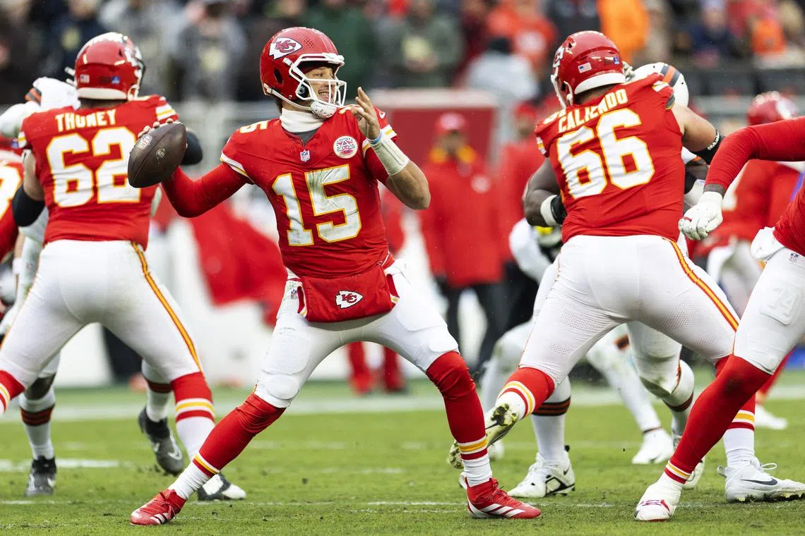 Dec 15, 2024; Cleveland, Ohio, USA; Kansas City Chiefs quarterback Patrick Mahomes (15) throws against the Cleveland Browns during the second quarter at Huntington Bank Field. Scott Galvin-Imagn Images/File Photo