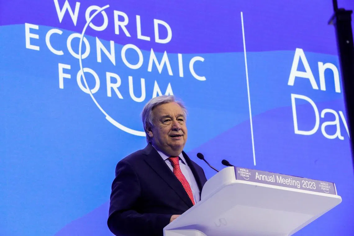 United Nations Secretary-General Antonio Guterres addressing the World Economic Forum in Davos, Switzerland on Jan 18.