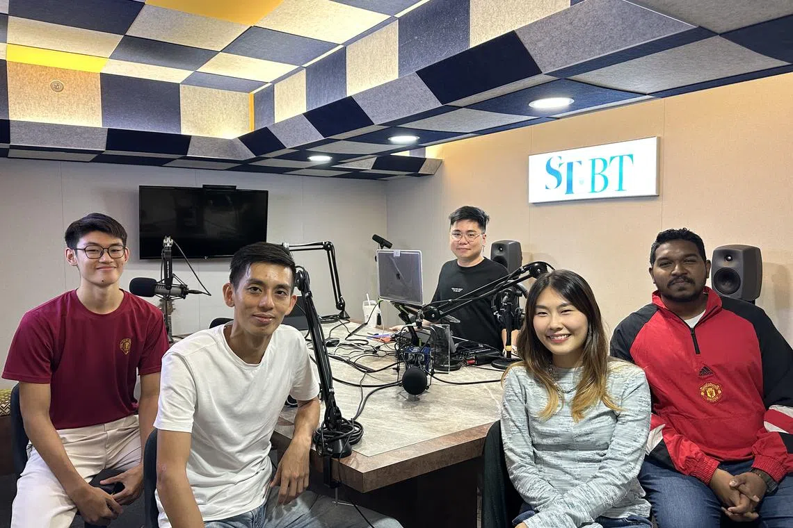 (From left) Victoria School's floorball team captain Gerald Tan, teacher and coach Lee Ren Ji, podcast producer Eden Soh, teacher Mabel Sim and sports reporter Deepanraj Ganesan in the podcast studio.