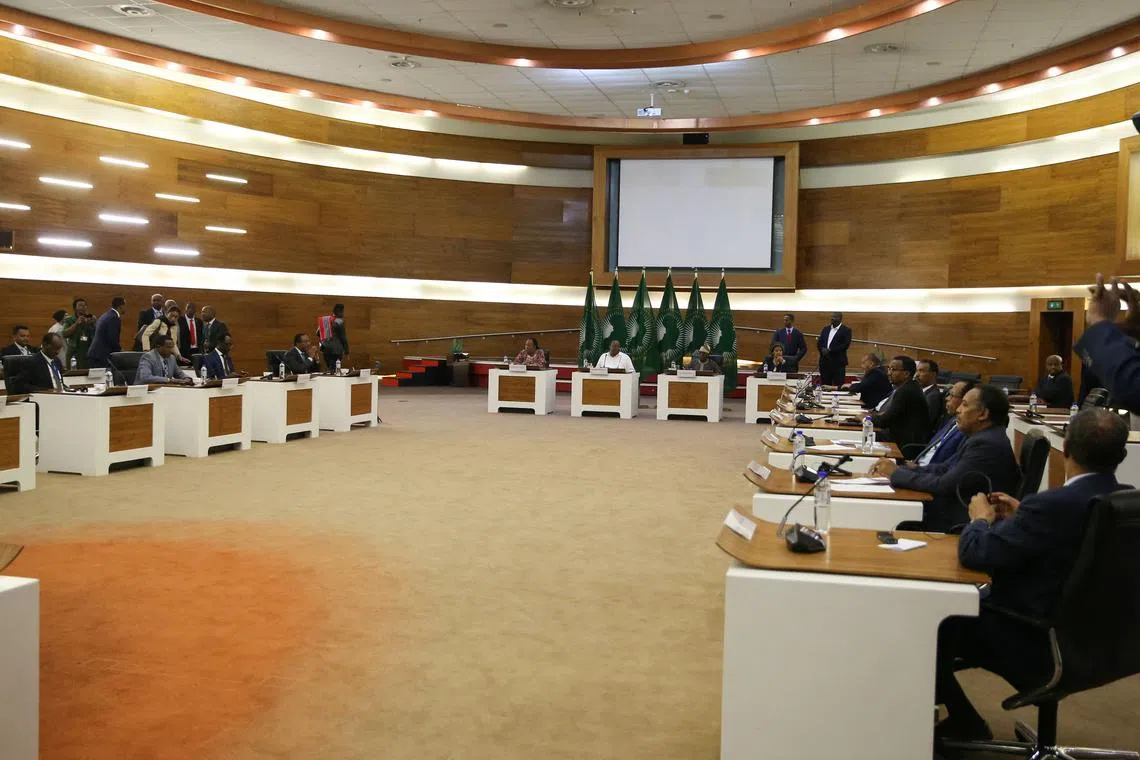 Representatives from Ethiopia (left), Tigray (right) and the mediators (centre) attend a press conference regarding the African Union-led negotiations to resolve conflict in Ethiopia.